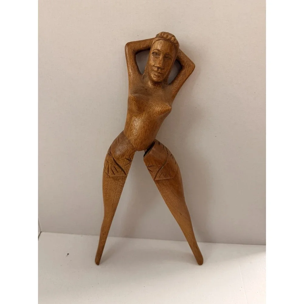Vintage Hand-Carved Wooden Figural Nutcracker - Novelty Woman Sculpture